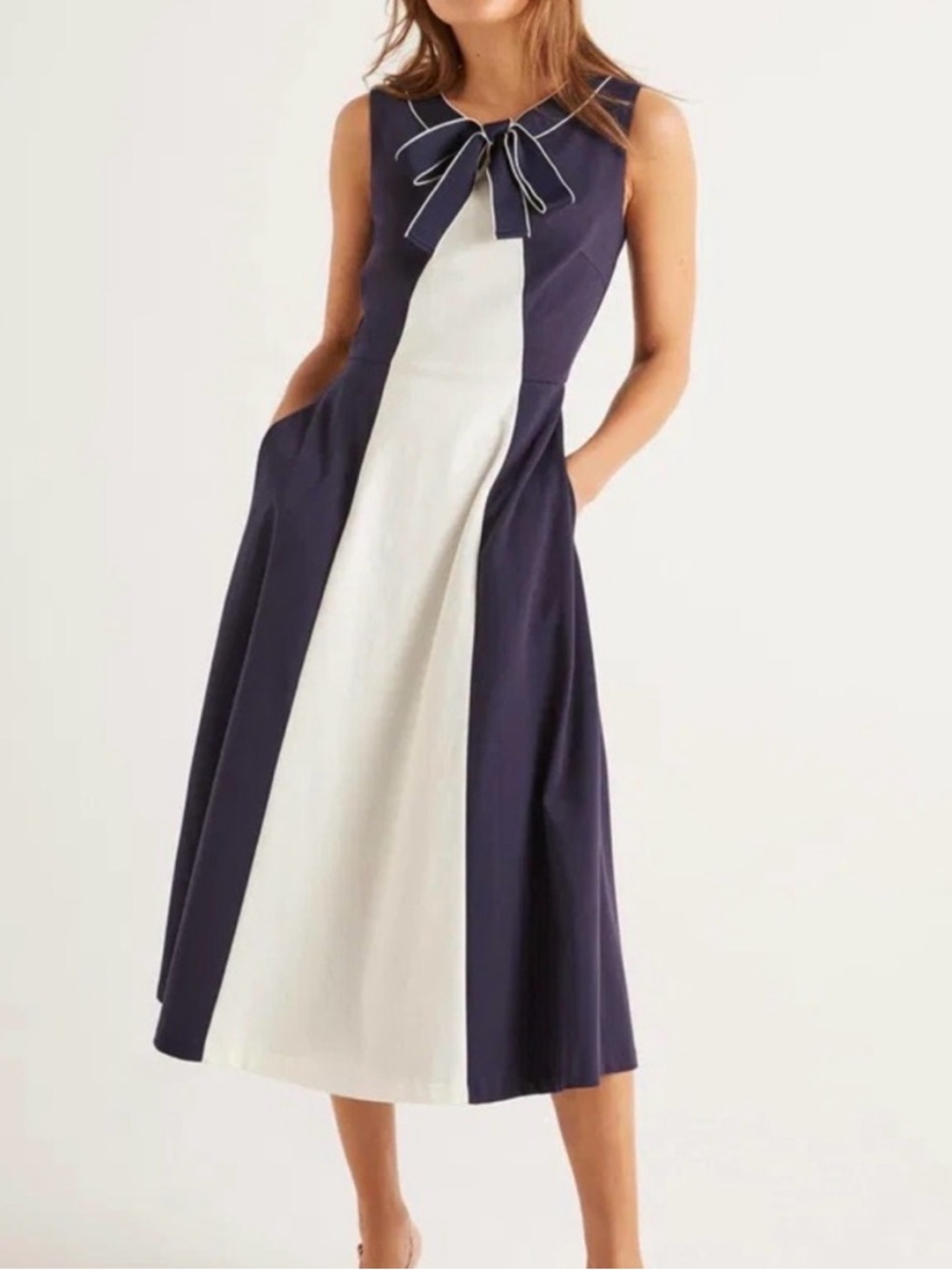 Elise Ponte Navy and White Sleeveless Dress with Neck Bow